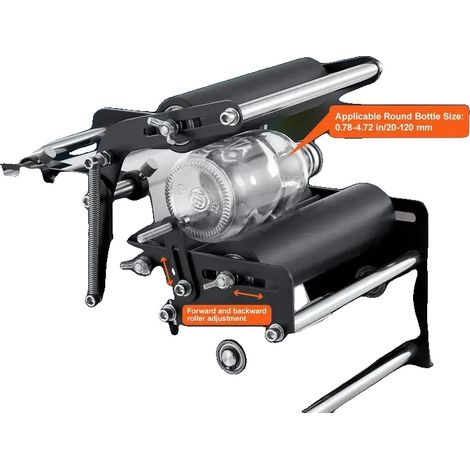 Etiquetadora, apta para etiquetas de 10 a 130 mm, aplica de 15 a 20 etiquetas/min, funcionamiento manual, material plástico resistente, ideal para botellas redondas. (1/5)