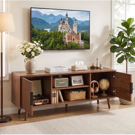 Meuble TV 138x39,1x49 cm en MDF noyer, avec rangement pour salon, style moderne FloraGrace (1/5)