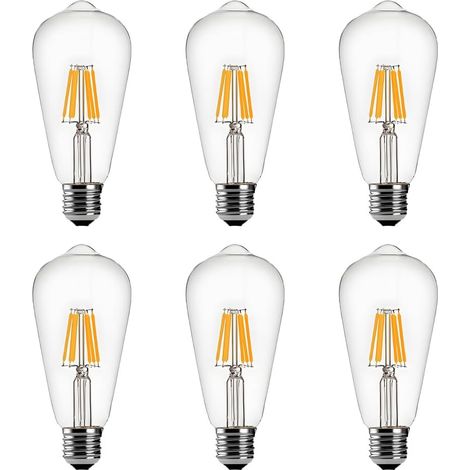 Ampoule LED vintage E27 à culot à vis, blanc chaud 2700K, 6W équivalent à 60W halogène, ampoule à filament ST64, 600lm, coque transparente, non gradable, lot de 6 (1/5)