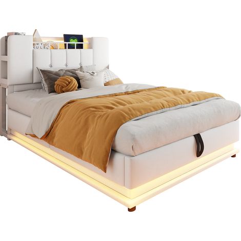 Lit Enfant 90x200 cm en Tissu Velours, Lit Simple avec LED, USB et Coffre Hydraulique, sans Matelas, Beige (1/5)