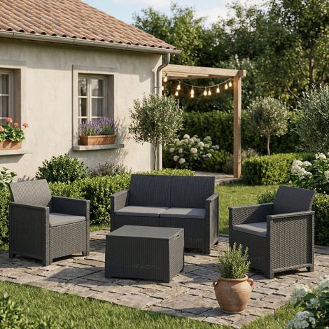 Dmora - Loungeset für draußen Capalbio, Outdoor-Lounge mit Couchtisch, Terrassenset mit Kissen, 113x65 h74 cm, Anthrazit (1/5)