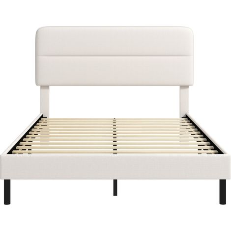 Letto 140x200 cm effetto lino beige, testiera regolabile, salvaspazio - MEUBLIV (1/5)