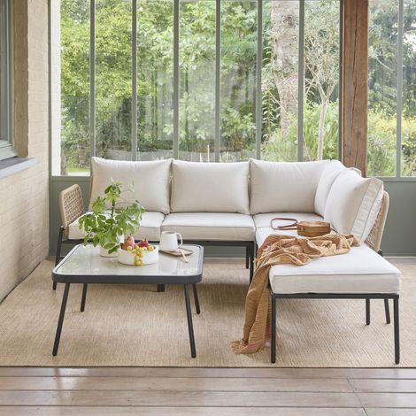Salon de jardin d'angle en acier et cordes beige TALIA. 5 personnes (1/5)
