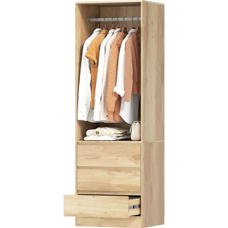 Armoire penderie avec barre de vêtements, étagère ouverte et 3 tiroirs, en bois, 60x48.5x185 cm, couleur teck (1/5)