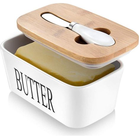 Butterdose mit Deckel, Keramik-Butterbehälter 600 ml mit Bambusdeckel und Buttermesser, Butterbox luftdicht für Kühlschrank und Küche, Cremeweiß (1/5)