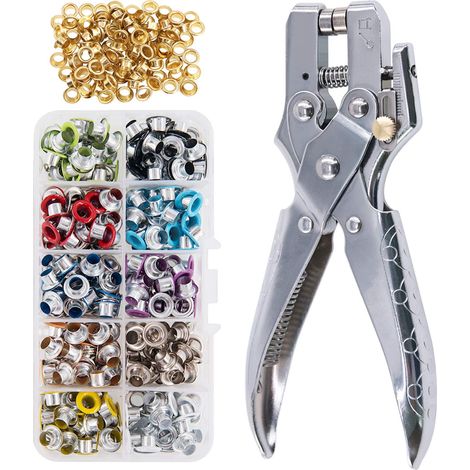 Lot de 300 œillets multicolores + 100 œillets dorés pour cuir, toile, tissus, vêtements, chaussures et ceintures, avec pince perforatrice