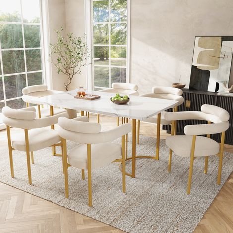 Sedia da pranzo in velluto, schienale ergonomico, seduta ampia, struttura in metallo, beige e oro (1/5)