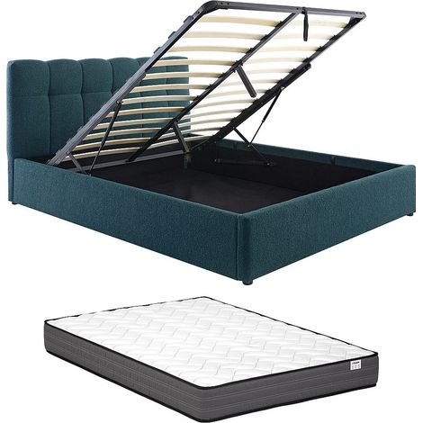 Lit coffre 160 x 200 cm - Tissu bouclette - Bleu canard + Matelas - MAZIRI
