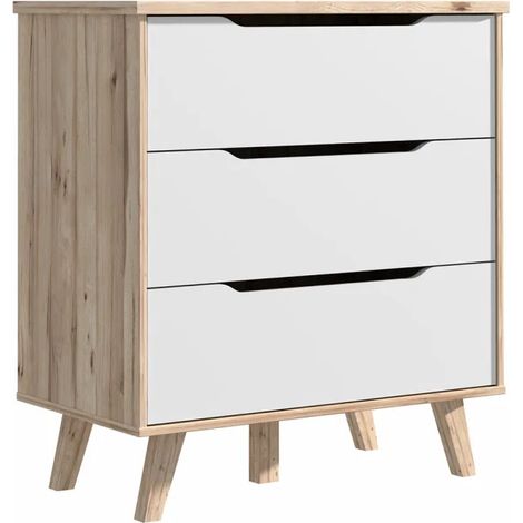 Commode 3 tiroirs décor chêne et blanc pieds bois massif - ALBANE (1/5)