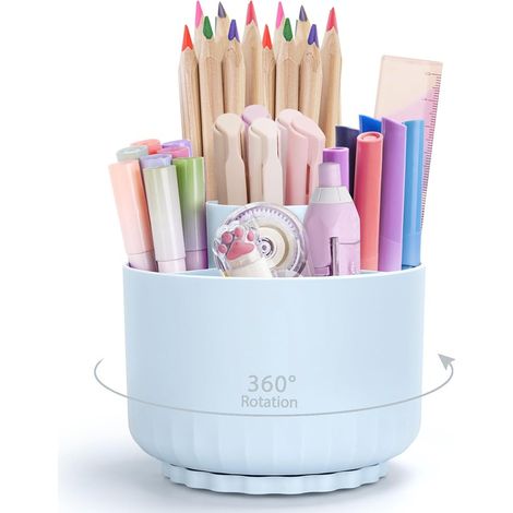 Rotatif Pot a Crayon, Organisateur De Bureau Rotatif à 360° Avec 5 Compartiments, Porte-Crayons Pour Bureau, école, Crayons Et Autres Articles De Papeterie(Bleu Saphir) (1/5)