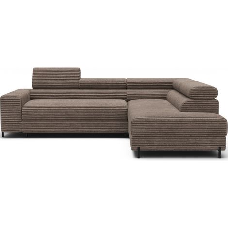 Sofá de esquina COLESIA convertible 5 plazas beige terciopelo acanalado – derecho – 274x200cm (1/5)