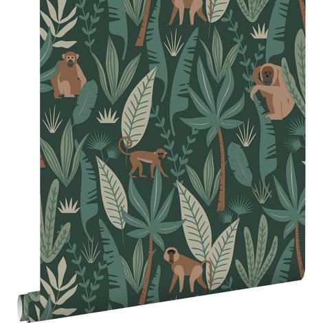 papier peint singes de la jungle vert foncé - ESTAhome (1/5)