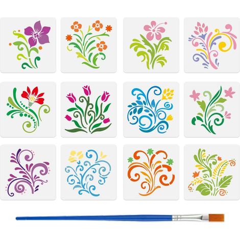 12 Pièces Pochoirs de Branches Fleuries avec Pinceau 15x15cm Pochoirs de Feuilles Florales Pochoir de Volutes Florales Gabarit de Thème de Plante pour Peinture sur Bois Mur Toile Meuble (1/5)