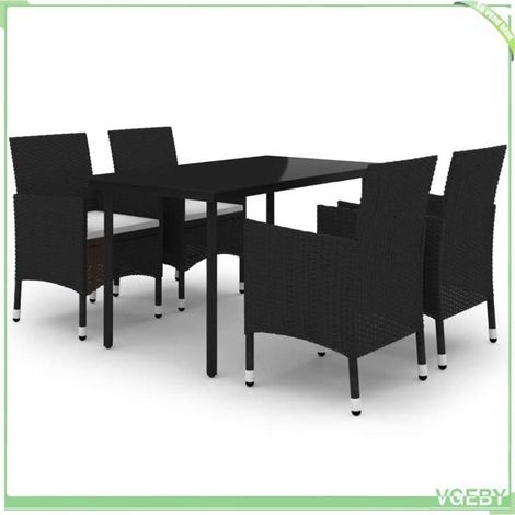 Ensemble à manger de jardin - FAFEICY - 3099681 - Résine tressée noire - Coussins blanc crème - Table verre 140x70 cm (1/5)