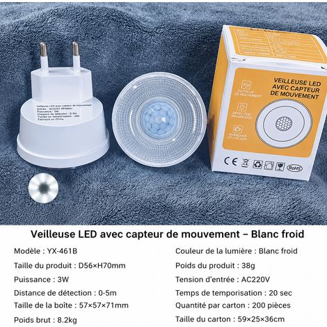 Veilleuse LED à prise murale 220V détecteur de mouvement 3W lumière blanche 220v réf 4664 5,7 × 5,7 × 7,1 cm 39 g – Livraison gratuite