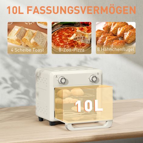 Four à air chaud 10 L pour rôtir, cuire et friture, minuterie, 1000 W, vaisselle compatible lave-vaisselle, blanc crème