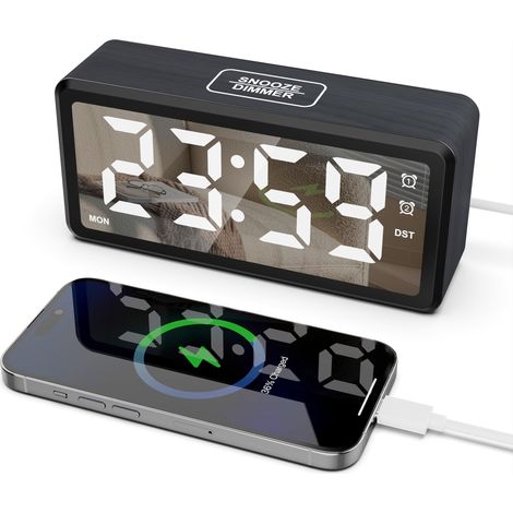 Digitaler Wecker aus Holz mit großem LED-Display für Schlafzimmer, DST, dimmbar, Dual-Alarm, USB-Ladeanschluss, Schlummerfunktion, Wochentags-/Wochenendmodus, Schwarz (1/5)