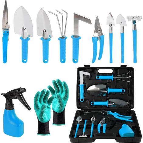 Lot de 11 outils de jardinage avec sac de transport, pour creuser, planter, couper, avec gants, pour femmes et hommes, bleu (1/5)