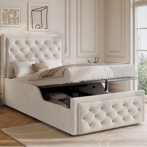 letto contenitore 90x200 velluto beige rete idraulica HAVRYA (1/5)