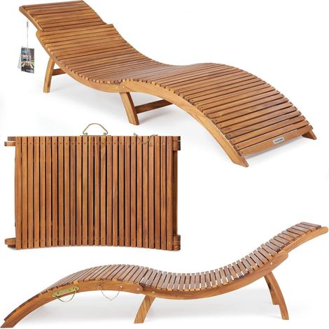 Acacia wood foldable sun lounger with adjustable headrest (1/5)