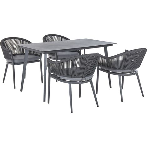 Set da Pranzo da Esterno Giardino in Alluminio Grigio Piano in Vetro e Cuscini Mileto (1/5)