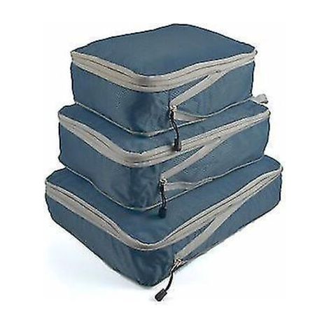 Lot de 3 cubes de rangement compressibles pour voyage, sac de rangement pour bagages et valises, pliables et imperméables, en nylon bleu marine. (1/3)
