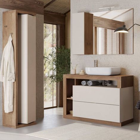Ensemble meuble vasque 110cm + colonne pivotante beige et aspect bois Mercure - ARTURO