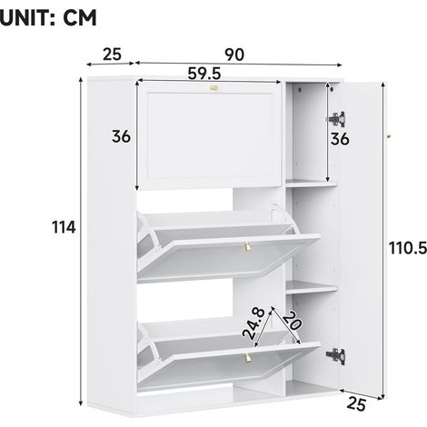 Armoire à chaussures 3 portes battantes + 1 porte pleine, meuble à chaussures étroit, casier avec tablettes ajustables, étagère autoportante pour entrée ou salon, Blanc, 90x25x114 cm