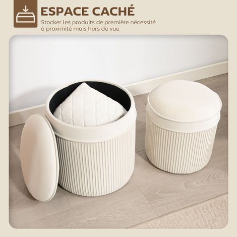 Lot de 2 poufs rangement velours repose-pieds gigognes couvercle amovible Ø36/32 cm crème