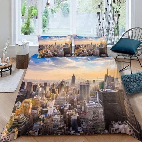 Bettwäsche 200x200 cm Skyline New York 3D Motiv Mikrofaser mit Reißverschluss 2 Kissenbezüge 80x80 cm
