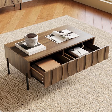 ELVMI Table basse avec 2 Tiroirs, Style Rétro pour Salon, en MDF et Panneaux de Particules, 105 × 55 × 41 cm, Naturel (1/5)