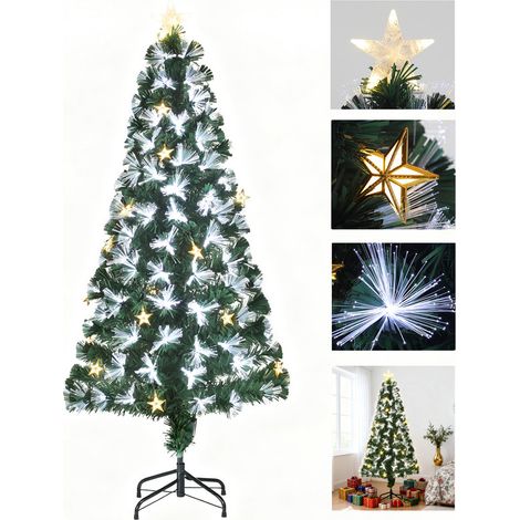 Künstlicher Glasfaser-Weihnachtsbaum mit 5-Zackigem Sternlicht – 170 Zweige, 24 LED-Sternleuchten, 8 Lichtmodi & Stabiler Kunststoffständer-150cm (1/5)