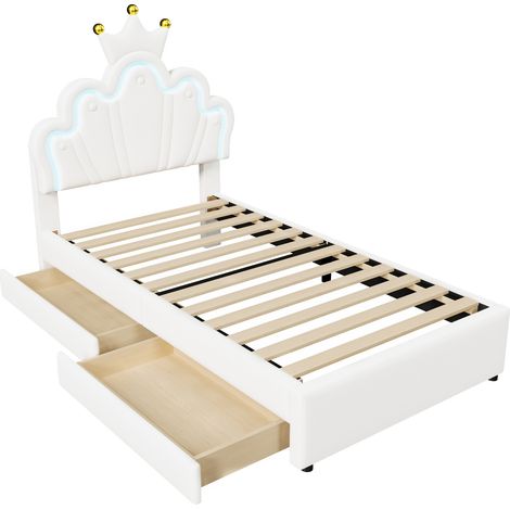 Letto imbottito per bambini 90 x 200 cm con LED e 2 cassetti, testiera regolabile, bianco (1/5)