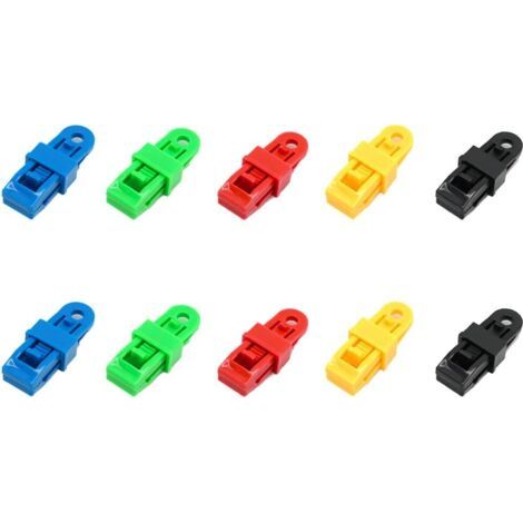 Jeu de 10 Pince pour bache,Clips/Attache /tendeur Elastique de bache,poignée de Verrouillage Robuste et réglable pour bâche et Toile d'ombrage(10pc)noir, jaune, vert, bleu, rouge (1/5)