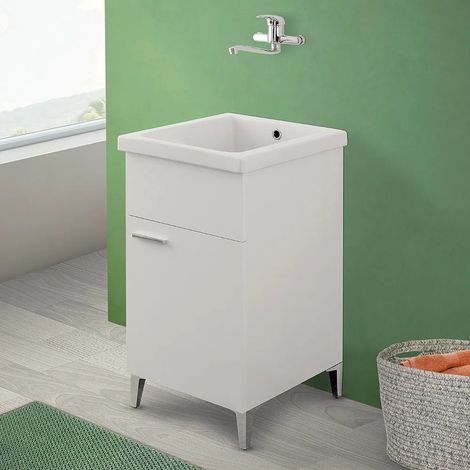 Mobile lavatoio bianco 45x50 con vasca in ceramica e strofinatoio (1/5)