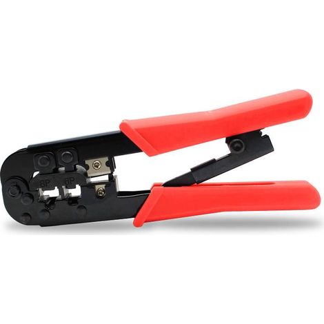 Pinza crimpatrice multifunzionale per connessioni di cavi di rete con impugnature ergonomiche in gomma rossa. (1/2)
