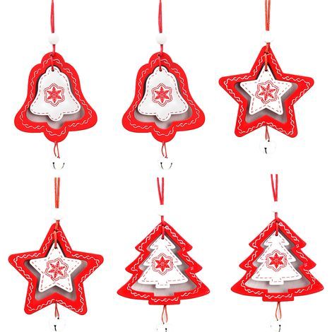 Lot de 6 Décorations de Noël en Bois, Motifs Étoiles Cloches Sapin, Suspendre Intérieur (1/5)