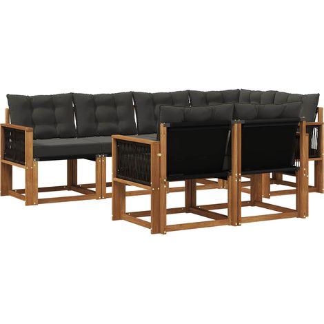 Set di divani da esterno con cuscino 7 pz Salotto da Giardino Naturale e Nero (1/5)