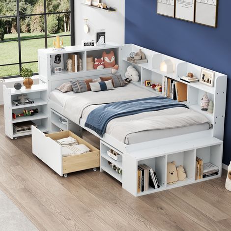 Letto singolo 90x200 cm con cassetto, armadio, vano nascosto, ripiani e rete a doghe in legno, letto principessa - Bianco (1/5)