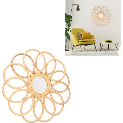 [Espejo Boho] Espejo Boho Vintage de Ratán: Espejo redondo de estilo boho fabricado en madera de ratán de alta calidad con gran transparencia, duradero, espacioso, 45 x 11 cm – 1 unidad (1/5)