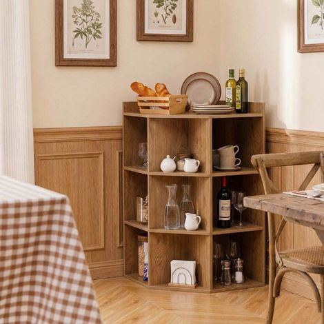 Optimiser un coin avec une étagère d'angle, meuble de rangement avec 4 prises, 2 USB et 9 niches ouvertes (1/5)
