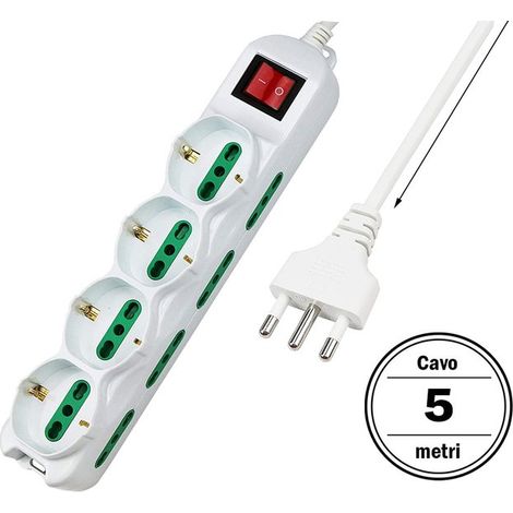 Multipresa Ciabatta Elettrica Cavo 5M Con 12 Posti 4 Prese Schuko 10/16A + 8 Prese Bipasso 2P+T 10/16A Interruttore