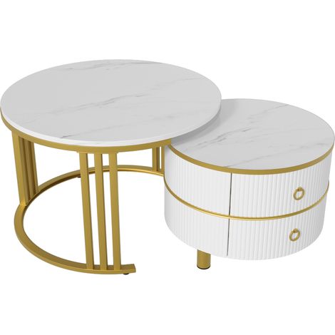 Runde Couchtische Gigogne mit 2 Schubladen, Hochglanzplatte und Marmoroptik, aus MDF, Weiß, 70×70×46 cm (1/5)