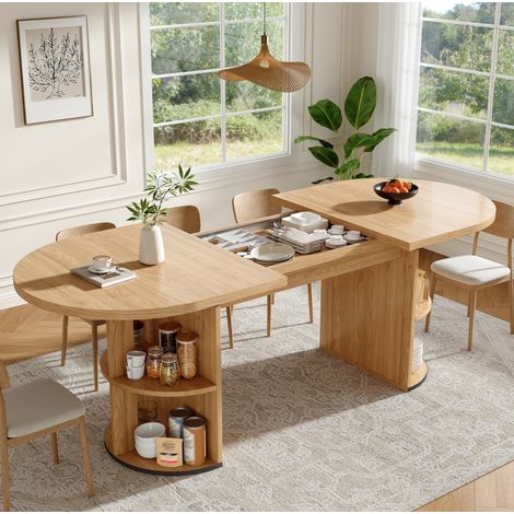 Tavolo da pranzo ovale allungabile 120-160x80 cm con vano contenitore nascosto, piano spesso, MDF, naturale (1/5)