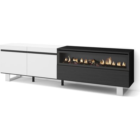 Skraut Home - Meuble TV, Banc Télé, Grand espace de Rangement, 200x57x35cm, Pour les TV jusqu'à 80", Cheminée électrique, Design industriel, Style moderne, Blanc et noir (1/5)