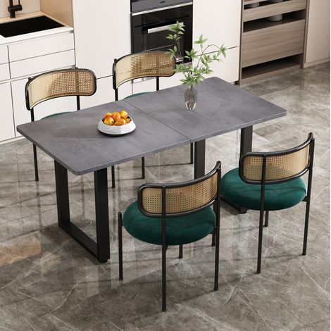 MEUBLIV Ensemble table à manger rectangulaire et 4 chaises velours cannage gris vert noir (1/5)