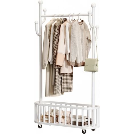 Portant à vêtements robuste en métal sur roulettes verrouillables – Paniers, étagère et crochets – Pour chambre, buanderie, entrée – Penderie mobile pratique – 80cm large noir (1/5)