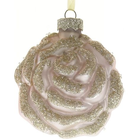 Kaemingk – Boule de Noël fleur de rose – Rose tendre à paillettes dorées, verre, 8 cm