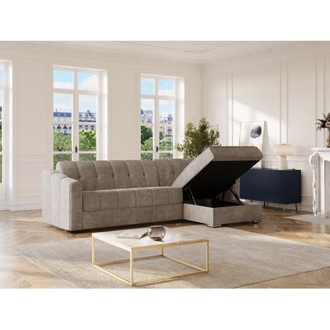 Canapé d'angle réversible convertible express en tissu texturé taupe - Couchage lattes larges 160 cm - Matelas 22 cm avec mémoire de forme - DARIELO (1/4)