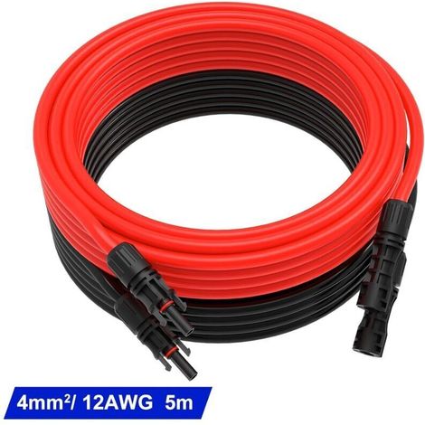 Cable Solaire 6mm²/4mm², Cable Panneau Solaire 5m, Rallonge Câble Solaire, Câble d'extension pour Panneaux Solaires Systèmes (Rouge + Noir) (1/2)